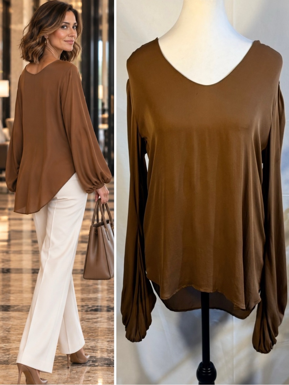 ☀️L'AGENCE 100% Silk V-Neck Blouse Draped
Voluminous Sleeve Hi-Low Brown Sz 4🧡